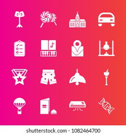 Premium set with fill vector icons. Such as drink, building, food, mark, vehicle, car, check, jump, alcohol, architecture, conditioner, parachute, template, medal, brochure, ice, fashion, wine, bulb