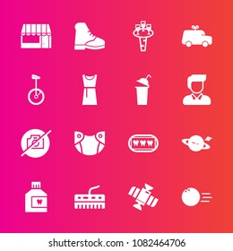 Premium set with fill vector icons. Such as play, music, station, care, boot, camera, store, toy, liquid, diaper, sport, newborn, child, food, fun, glass, wine, grocery, drink, market, astronomy, baby