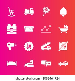 Premium set with fill vector icons. Such as alarm, bubble, bulldozer, dryer, protective, shipping, double, jacket, warehouse, truck, transport, talk, candy, furniture, chart, sweet, speech, industry