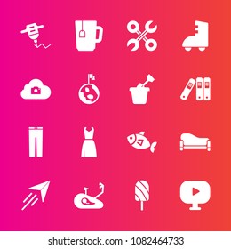Premium set with fill vector icons. Such as repair, female, clothes, sign, machine, food, media, tea, work, equipment, interior, service, summer, pants, drill, dessert, sea, white, clothing, trousers