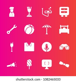 Premium set with fill vector icons. Such as wine, wrench, bow, clothing, award, lamp, drink, mask, record, flashlight, light, fruit, alcohol, gift, scuba, screen, restaurant, sport, bucket, first, new