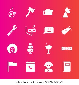 Premium set with fill vector icons. Such as antenna, character, geisha, notebook, clown, coffee, sweet, holiday, cocktail, paper, scary, glass, circus, food, radio, tie, alcohol, doughnut, caffeine