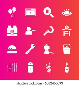 Premium set with fill vector icons. Such as teapot, web, hammer, clothes, decoration, spanner, space, earth, female, equipment, equality, celebration, brush, handle, pepper, clothing, salt, fashion