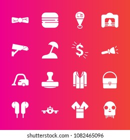 Premium set with fill vector icons. Such as traditional, alien, jacket, monster, flight, bow, plane, tie, housework, space, fiction, vacuum, burger, food, stamp, sandwich, map, mark, security, audio