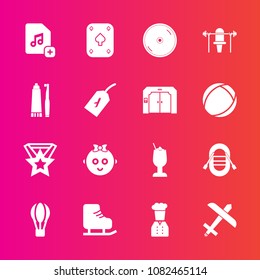 Premium set with fill vector icons. Such as cd, award, travel, music, bar, file, ship, childhood, dvd, skating, kid, winter, boat, restaurant, hot, sailboat, chief, plane, disk, balloon, child, drink