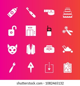 Premium set with fill vector icons. Such as fiction, protection, lawn, hygiene, clean, paint, energy, style, security, modern, suit, sign, mobile, sticky, space, entrance, care, picture, object, grass