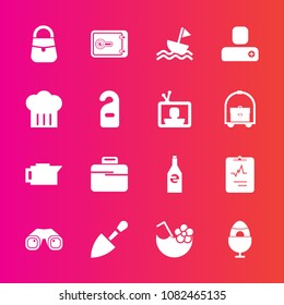 Premium set with fill vector icons. Such as cafe, safe, summer, equipment, medicine, sailboat, bag, cocktail, motel, cardiology, beverage, restaurant, holiday, fashion, medical, bank, contact, drink