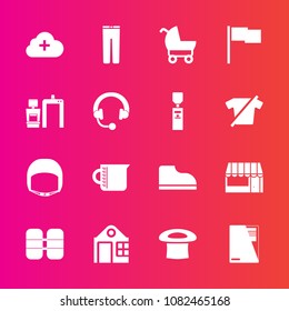 Premium set with fill vector icons. Such as cloud, clothes, baby, food, oxygen, container, building, fashion, flag, cylinder, glass, add, file, business, scan, trousers, equipment, pram, store, house
