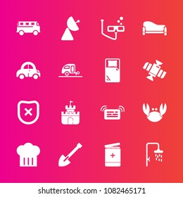 Premium set with fill vector icons. Such as automobile, bus, construction, plastic, closed, sport, shower, crab, scuba, message, fresh, caravan, mask, tool, background, interior, equipment, white, sea