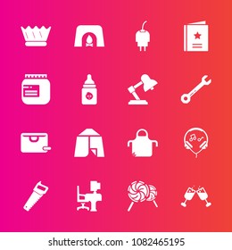 Premium set with fill vector icons. Such as saw, energy, sound, audio, home, red, wine, crown, office, apron, royal, construction, charger, bag, drink, music, , technology, food, power, outdoor, chef