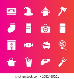 Premium set with fill vector icons. Such as retro, circus, spoon, real, boiler, air, audio, milk, business, cook, cold, kitchen, heater, restaurant, home, hat, equipment, cassette, sweet, fork, tape