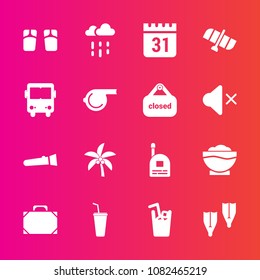 Premium set with fill vector icons. Such as day, coffee, torch, child, flipper, object, space, restaurant, beach, orbit, communication, sport, cold, rain, chef, young, underwater, wet, weather, time