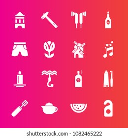 Premium set with fill vector icons. Such as breakfast, fire, wrench, glass, alcohol, cooking, hook, teapot, toothpaste, hotel, candle, red, label, wine, equipment, tea, wear, shorts, motel, toothbrush