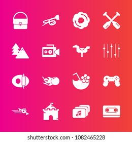 Premium set with fill vector icons. Such as sweet, drink, bag, dessert, boat, cake, astronomy, file, pan, joystick, white, cooking, fashion, retro, architecture, airplane, canoe, cassette, travel, oar