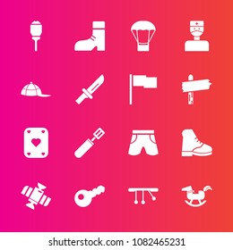 Premium set with fill vector icons. Such as key, city, shorts, headwear, balloon, cap, knife, hot, game, white, footwear, duck, pan, space, station, air, doctor, boot, medical, clothing, hospital, hat