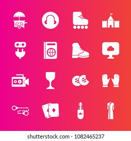 Premium set with fill vector icons. Such as play, van, makeup, leisure, cookie, alcohol, skating, snack, energy, boot, film, video, ice, chain, tower, sport, fashion, vehicle, glove, immigration, food