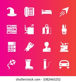 Premium set with fill vector icons. Such as vehicle, newspaper, phone, internet, user, leather, music, table, bouquet, paper, beautiful, musical, drum, finance, fashion, blossom, hotel, delete, style