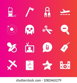 Premium set with fill vector icons. Such as child, communication, sign, system, infant, spanner, science, tv, flight, plane, screen, ufo, heart, television, speaker, ringing, cardiology, space, person