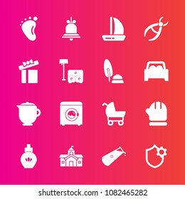 Premium set with fill vector icons. Such as wash, housework, boat, dentistry, government, chemistry, science, warm, breakfast, machine, baby, internet, bottle, child, ship, notification, tea, bell