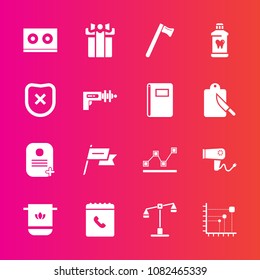 Premium set with fill vector icons. Such as internet, music, wrench, brush, clean, diagram, present, bathroom, equipment, justice, chart, judge, soft, stats, hairdryer, hair, hygiene, patriotism, tool