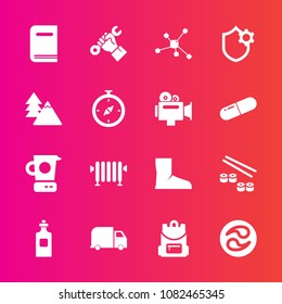 Premium set with fill vector icons. Such as food, internet, foreman, salmon, education, hot, kitchen, water, seafood, kamon, bag, fish, sushi, beverage, delivery, molecule, book, heater, school, boot