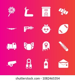 Premium set with fill vector icons. Such as space, cutter, house, gun, candy, envelope, sweet, weapon, diaper, lollipop, estate, technology, training, newborn, paint, care, truck, food, presentation