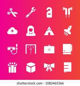 Premium set with fill vector icons. Such as door, spanner, motel, box, internet, add, suit, tie, snorkel, handle, present, hammer, notebook, water, audio, entrance, cloud, tool, privacy, health, lady