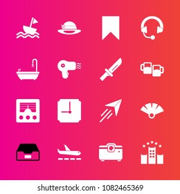 Premium set with fill vector icons. Such as antenna, fly, hour, vacation, hat, time, sound, travel, bed, radio, bookmark, signal, wireless, cutlery, headphone, yacht, hotel, document, bathroom, paper
