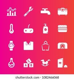 Premium set with fill vector icons. Such as medicine, water, alphabet, chart, duck, gadget, tool, , thermometer, technology, hammer, business, bag, equipment, crane, paper, fashion, spanner, baby, new