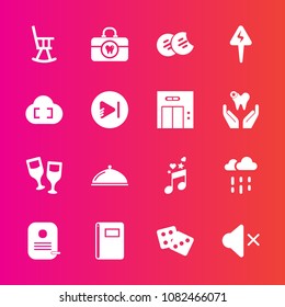 Premium set with fill vector icons. Such as chair, food, snack, clean, paper, red, sign, service, mute, cloud, health, weather, play, alcohol, glass, dessert, musical, restaurant, sound, energy, rainy