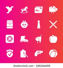 Premium set with fill vector icons. Such as toy, security, ball, horse, fork, baby, footwear, check, style, firearm, fan, file, sport, football, projector, cream, paper, fruit, sign, sweet, dessert
