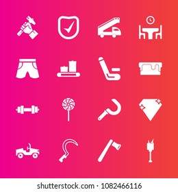Premium set with fill vector icons. Such as check, construction, table, candy, screwdriver, fitness, hammer, security, diamond, car, bucket, drink, truck, gardening, transportation, wine, gem, ice