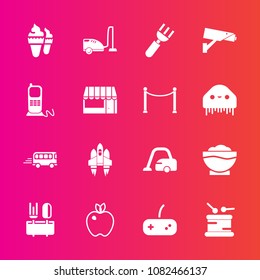 Premium set with fill vector icons. Such as sound, fruit, coffee, instrument, safety, home, surveillance, speed, transport, road, chef, transportation, ice, apple, musical, camera, equipment, food