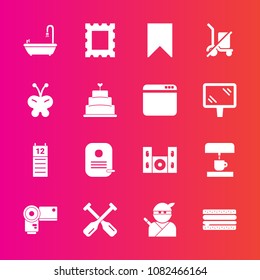 Premium set with fill vector icons. Such as video, japan, kitchen, speaker, home, coffee, sign, photo, insect, photography, bookmark, send, cinema, food, photographer, agenda, butterfly, canoe, toilet