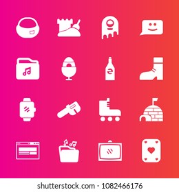 Premium set with fill vector icons. Such as play, object, chat, technology, watch, gadget, rucksack, screen, file, arctic, leisure, music, house, snow, fun, smile, alien, repair, sand, hammer, smart