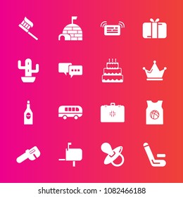 Premium set with fill vector icons. Such as alcohol, hygiene, present, mailbox, cricket, hammer, transportation, house, wine, bus, health, competition, red, kid, team, box, emergency, road, match, ice