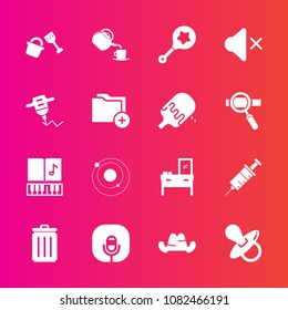 Premium set with fill vector icons. Such as infant, drill, cabinet, equipment, child, trash, recycling, bin, cap, home, dentistry, radio, medical, microphone, headwear, baby, cup, bucket, clinic, kid