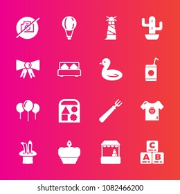 Premium set with fill vector icons. Such as photo, light, fork, sweet, nature, cake, dessert, clothing, bear, play, beacon, ocean, jump, picture, supermarket, child, decoration, no, ball, celebration