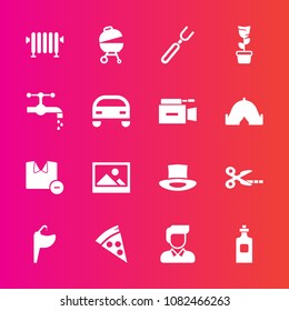 Premium set with fill vector icons. Such as car, old, grill, art, hot, frame, barbecue, pot, pizza, meat, drink, boy, picture, cut, microphone, sink, lunch, fork, food, spoon, tool, boiler, restaurant