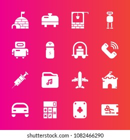 Premium set with fill vector icons. Such as building, drill, airplane, water, accounting, heater, home, medical, snow, price, vehicle, game, bucket, coupon, technology, equipment, well, tower, cyborg