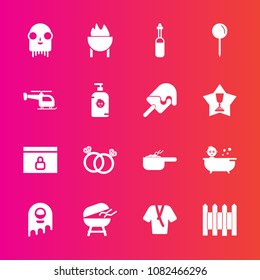 Premium set with fill vector icons. Such as lock, technology, laboratory, barbecue, internet, cooking, baby, fence, kid, shower, equipment, tool, dinner, romance, bbq, food, wedding, child, medicine