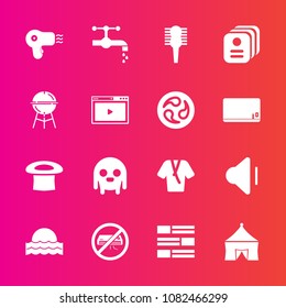 Premium set with fill vector icons. Such as circus, cooking, up, nature, barbecue, dryer, conditioner, hat, sunrise, bathroom, volume, news, brush, care, fashion, audio, sink, space, internet, card
