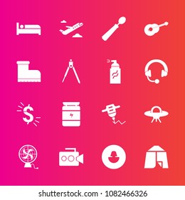 Premium set with fill vector icons. Such as business, music, airplane, handle, adventure, film, video, kitchen, fan, usd, camera, fitness, machine, health, equipment, bodybuilding, camp, currency, bed