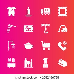 Premium set with fill vector icons. Such as child, picture, sale, breakfast, discount, transport, price, button, kid, chief, bath, commerce, frame, car, shower, hot, truck, glass, flame, bathroom, tea