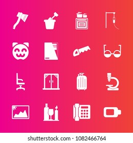 Premium set with fill vector icons. Such as medical, interior, biology, glass, sign, microscope, food, asian, tool, play, frame, sandbox, cooking, sand, axe, house, drink, window, luggage, energy, bag