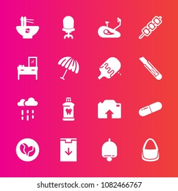 Premium set with fill vector icons. Such as upload, alarm, bell, health, bag, home, ring, chair, coffee, web, pill, cabinet, caffeine, kebab, call, water, fashion, grilled, brush, rainy, bowl, chinese