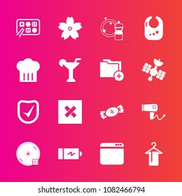 Premium set with fill vector icons. Such as clothing, lollipop, hairdryer, candy, sign, blow, web, rattle, restaurant, electricity, energy, closed, browser, disc, security, internet, flower, chief, cd