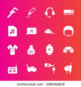 Premium set with fill vector icons. Such as wine, glass, microphone, repair, binocular, watch, kimono, radio, food, stationery, equipment, drink, lady, garden, alcohol, conditioner, red, cream, tool