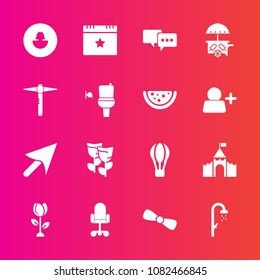 Premium set with fill vector icons. Such as cursor, medieval, wc, public, event, van, profile, toilet, web, balloon, celebration, cream, castle, star, talk, vehicle, hygiene, building, office, bow