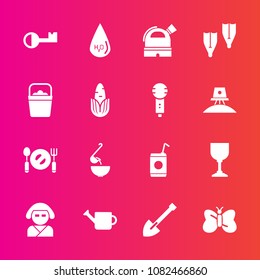 Premium set with fill vector icons. Such as flipper, japan, sea, can, sport, wine, summer, bucket, white, plate, knife, beauty, corn, beautiful, beverage, butterfly, shovel, tool, spoon, liquid, food